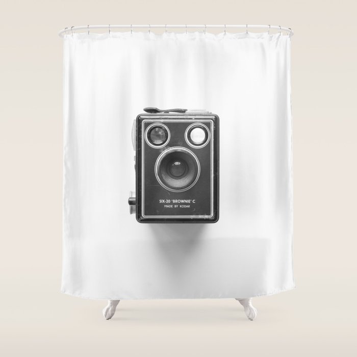 A Kodak Brownie analog vintage camera on a white background  Retro photography in black and white Shower Curtain