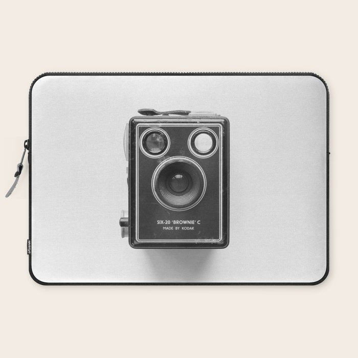 A Kodak Brownie analog vintage camera on a white background  Retro photography in black and white Laptop Sleeve