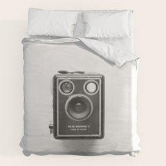 A Kodak Brownie analog vintage camera on a white background  Retro photography in black and white Duvet Cover