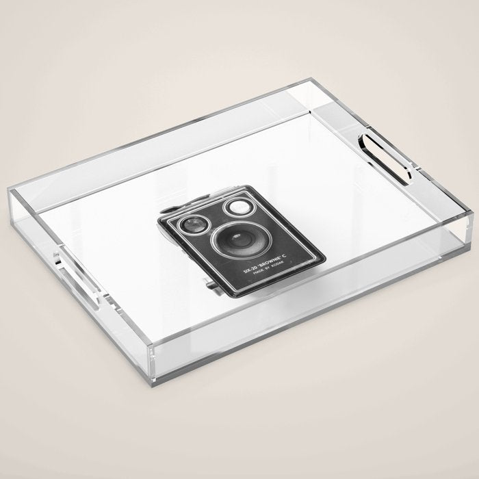 A Kodak Brownie analog vintage camera on a white background  Retro photography in black and white Acrylic Tray