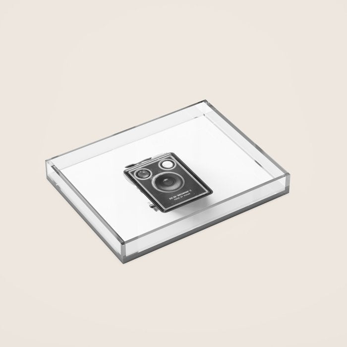 A Kodak Brownie analog vintage camera on a white background  Retro photography in black and white Acrylic Tray