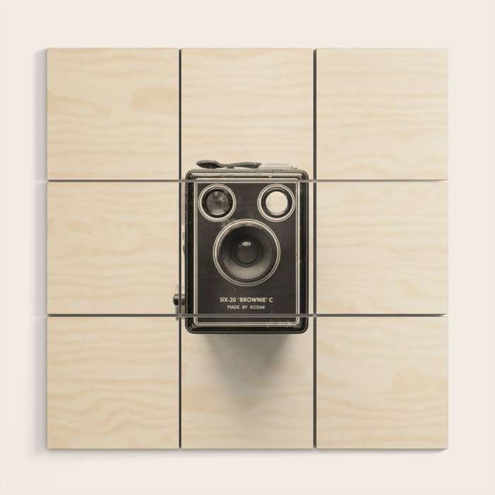A Kodak Brownie analog vintage camera on a white background  Retro photography in black and white Wood Wall Art