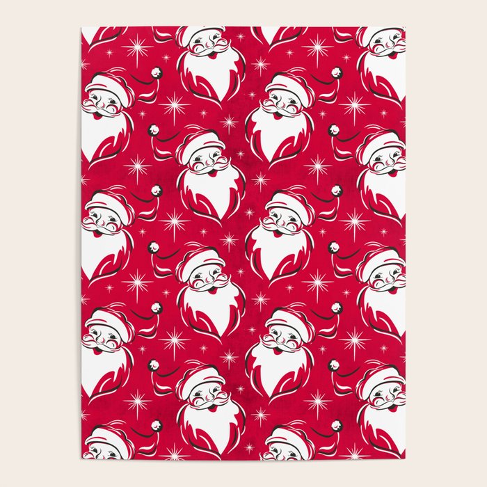Tis The Season Retro Santa Red White Pattern Poster