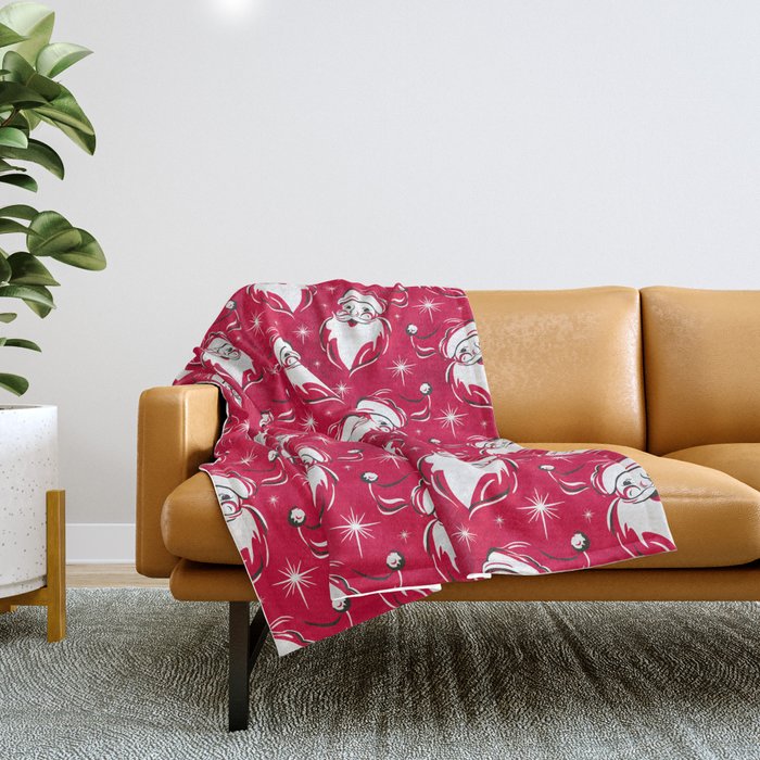 Tis The Season Retro Santa Red White Pattern Throw Blanket