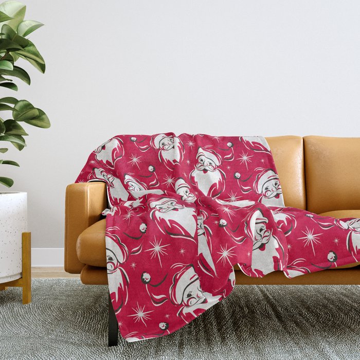 Tis The Season Retro Santa Red White Pattern Throw Blanket