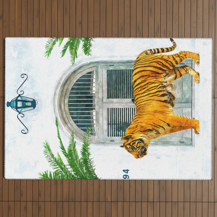 94 Tropical, Greece Architecture Buildings Tiger Wild Cat Watercolor Palm Travel Bohemian Painting Outdoor Rug