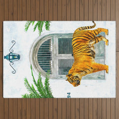 94 Tropical, Greece Architecture Buildings Tiger Wild Cat Watercolor Palm Travel Bohemian Painting Outdoor Rug