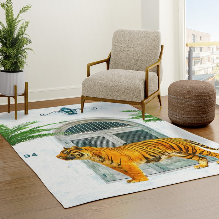 94 Tropical, Greece Architecture Buildings Tiger Wild Cat Watercolor Palm Travel Bohemian Painting Rug