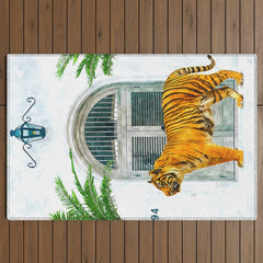 94 Tropical, Greece Architecture Buildings Tiger Wild Cat Watercolor Palm Travel Bohemian Painting Outdoor Rug