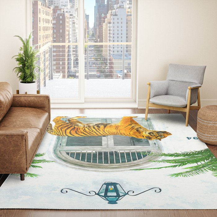 94 Tropical, Greece Architecture Buildings Tiger Wild Cat Watercolor Palm Travel Bohemian Painting Rug