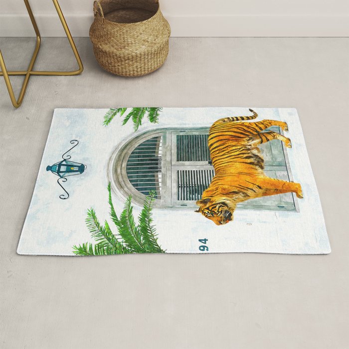 94 Tropical, Greece Architecture Buildings Tiger Wild Cat Watercolor Palm Travel Bohemian Painting Rug