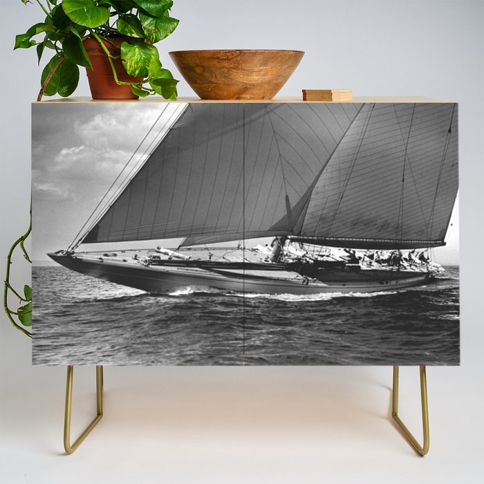 12-meter Sailing Yacht America's Cup Races nautical black and white photograph Credenza