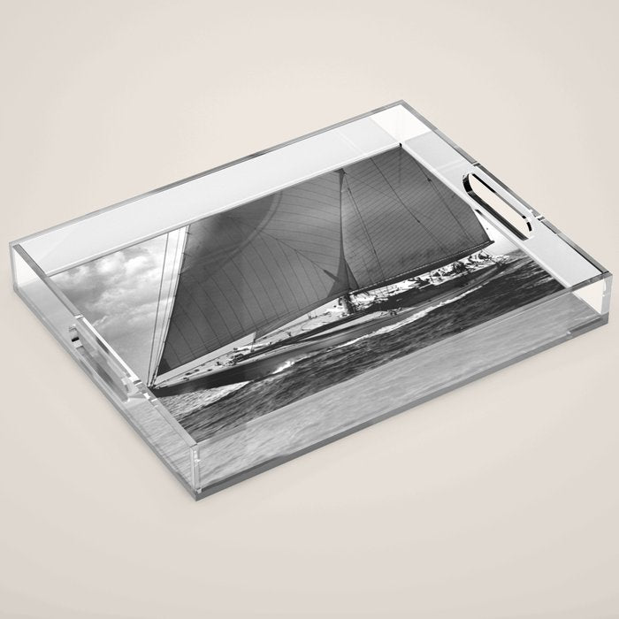 12-meter Sailing Yacht America's Cup Races nautical black and white photograph Acrylic Tray