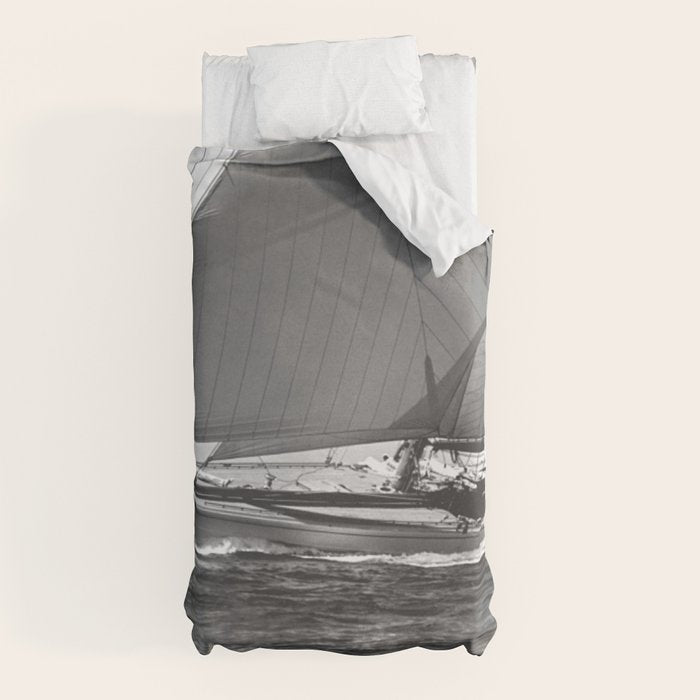 12-meter Sailing Yacht America's Cup Races nautical black and white photograph Duvet Cover