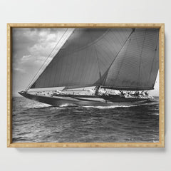 12-meter Sailing Yacht America's Cup Races nautical black and white photograph Serving Tray