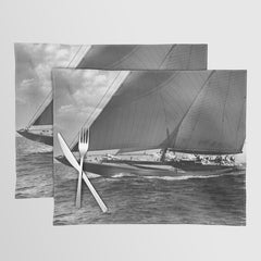 12-meter Sailing Yacht America's Cup Races nautical black and white photograph Placemat