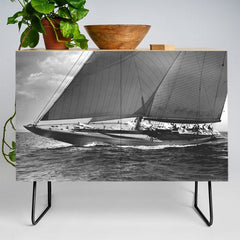 12-meter Sailing Yacht America's Cup Races nautical black and white photograph Credenza