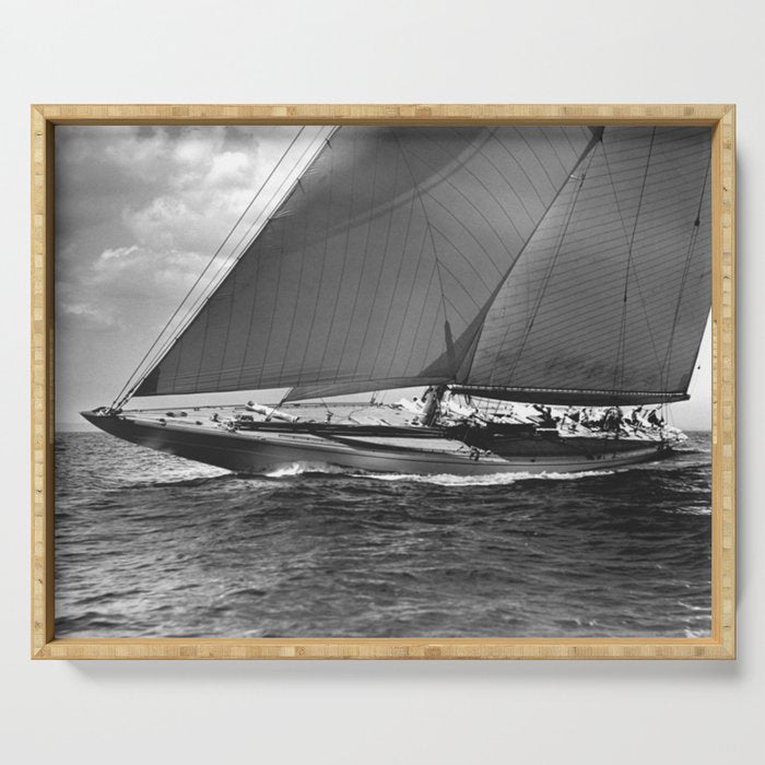 12-meter Sailing Yacht America's Cup Races nautical black and white photograph Serving Tray