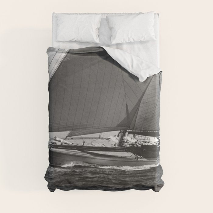 12-meter Sailing Yacht America's Cup Races nautical black and white photograph Duvet Cover