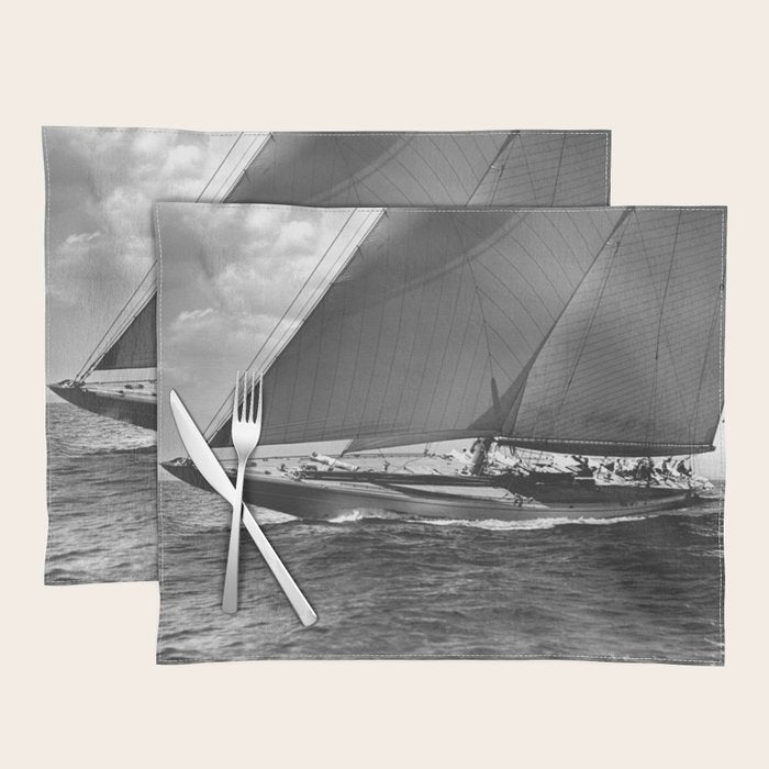 12-meter Sailing Yacht America's Cup Races nautical black and white photograph Placemat