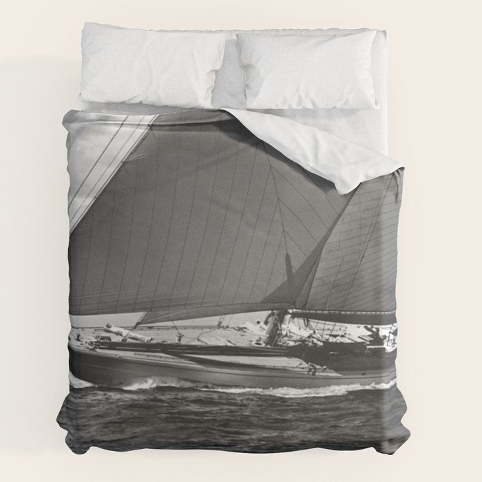 12-meter Sailing Yacht America's Cup Races nautical black and white photograph Duvet Cover