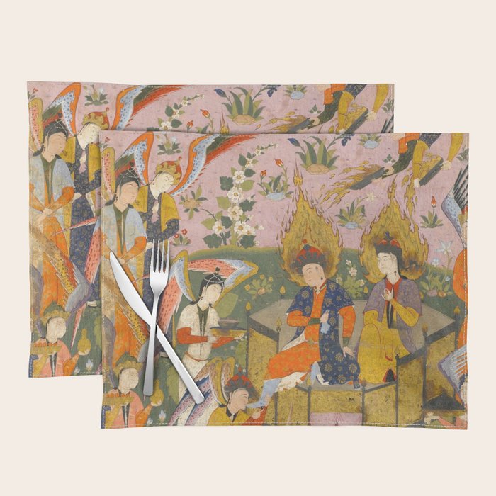 (Book of omens) Angels bow before Adam and Eve in Paradise Islamic Antique Art  Placemat