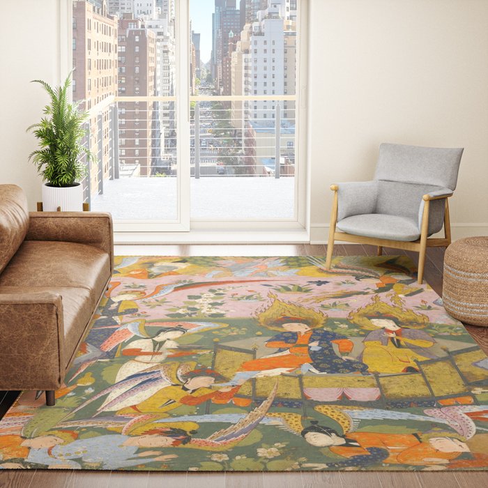 (Book of omens) Angels bow before Adam and Eve in Paradise Islamic Antique Art  Rug