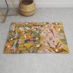(Book of omens) Angels bow before Adam and Eve in Paradise Islamic Antique Art  Rug
