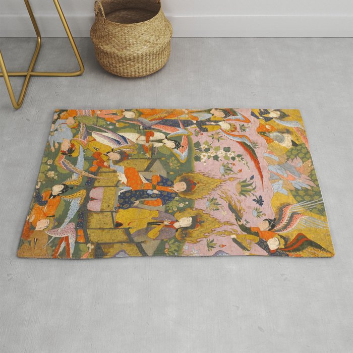 (Book of omens) Angels bow before Adam and Eve in Paradise Islamic Antique Art  Rug
