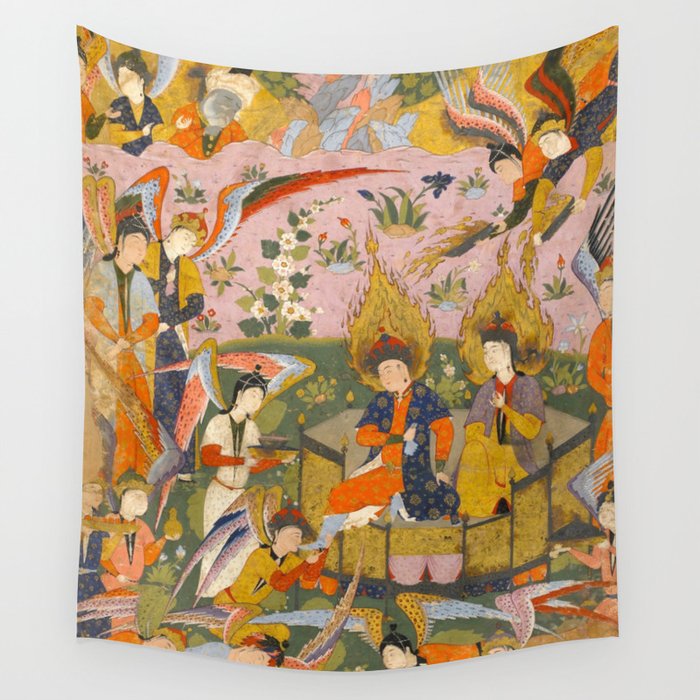 (Book of omens) Angels bow before Adam and Eve in Paradise Islamic Antique Art  Wall Tapestry