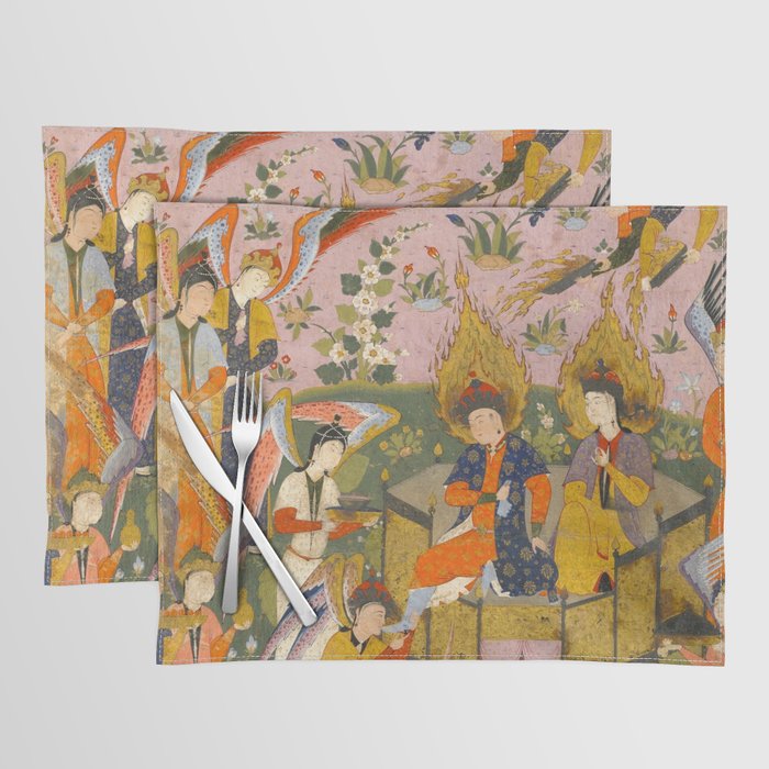 (Book of omens) Angels bow before Adam and Eve in Paradise Islamic Antique Art  Placemat
