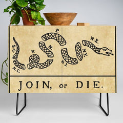1776 "Join, or Die" Revolutionary War flag with 13 colonies, snake & no colors by Benjamin Franklin Credenza