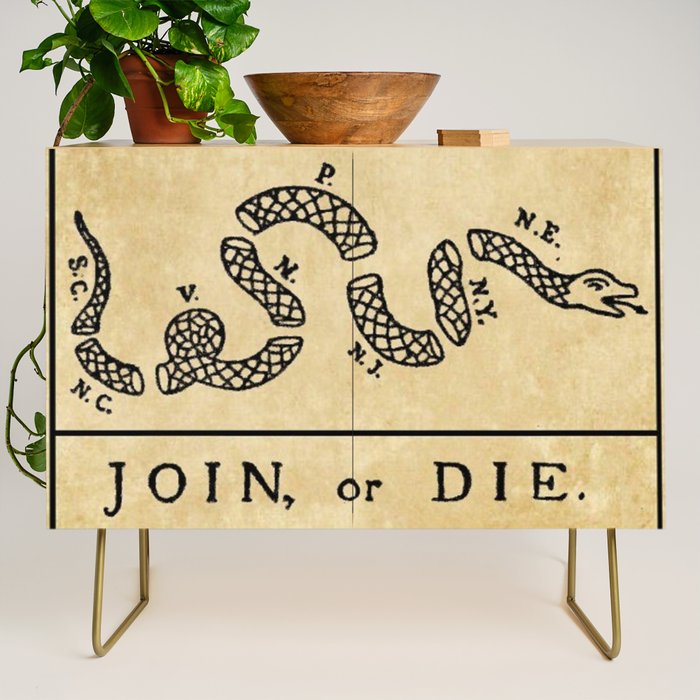 1776 "Join, or Die" Revolutionary War flag with 13 colonies, snake & no colors by Benjamin Franklin Credenza