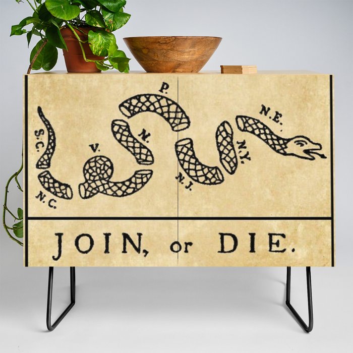 1776 "Join, or Die" Revolutionary War flag with 13 colonies, snake & no colors by Benjamin Franklin Credenza