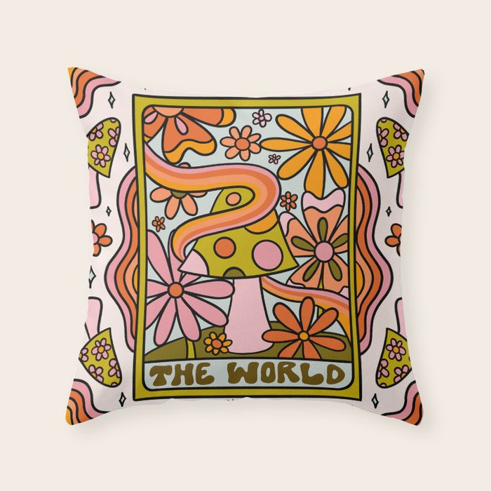 21. World Tarot Mushroom Throw Pillow