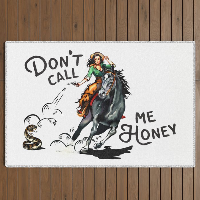 "Don't Call Me Honey" Cowgirl On Horseback Shooting a Rattlesnake Outdoor Rug