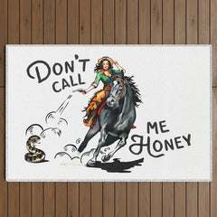 "Don't Call Me Honey" Cowgirl On Horseback Shooting a Rattlesnake Outdoor Rug