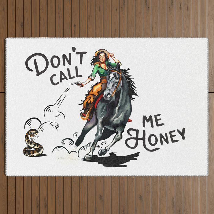 "Don't Call Me Honey" Cowgirl On Horseback Shooting a Rattlesnake Outdoor Rug