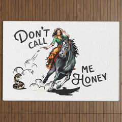"Don't Call Me Honey" Cowgirl On Horseback Shooting a Rattlesnake Outdoor Rug