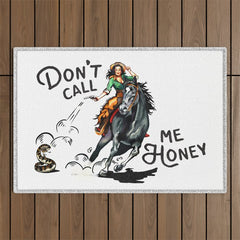 "Don't Call Me Honey" Cowgirl On Horseback Shooting a Rattlesnake Outdoor Rug