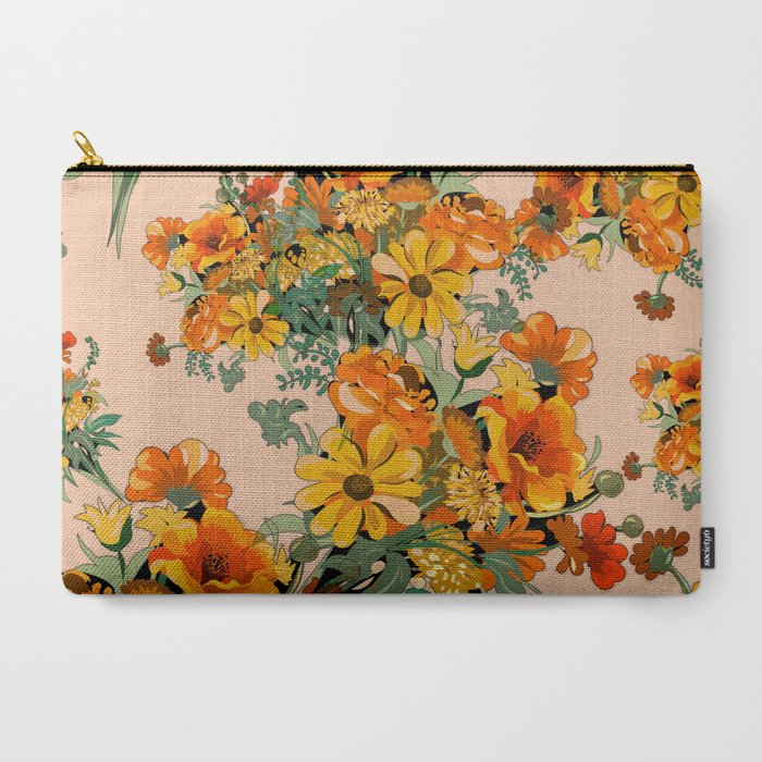 70s Pastel Floral on pink blush Boho Carry All Pouch