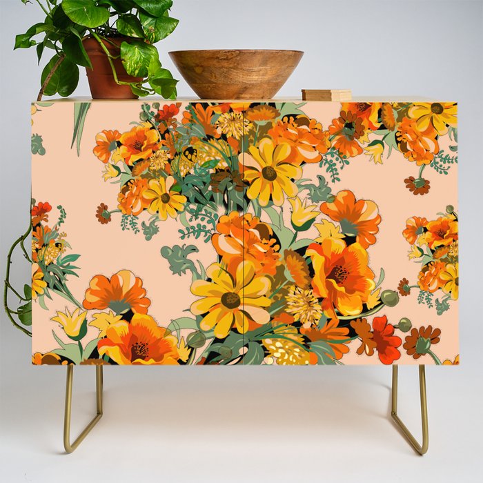 70s Pastel Floral on pink blush Boho Credenza