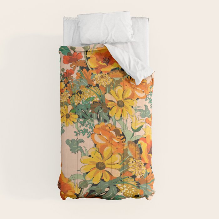 70s Pastel Floral on pink blush Boho Comforter