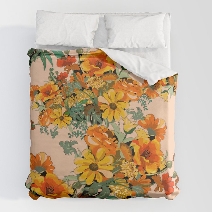 70s Pastel Floral on pink blush Boho Duvet Cover