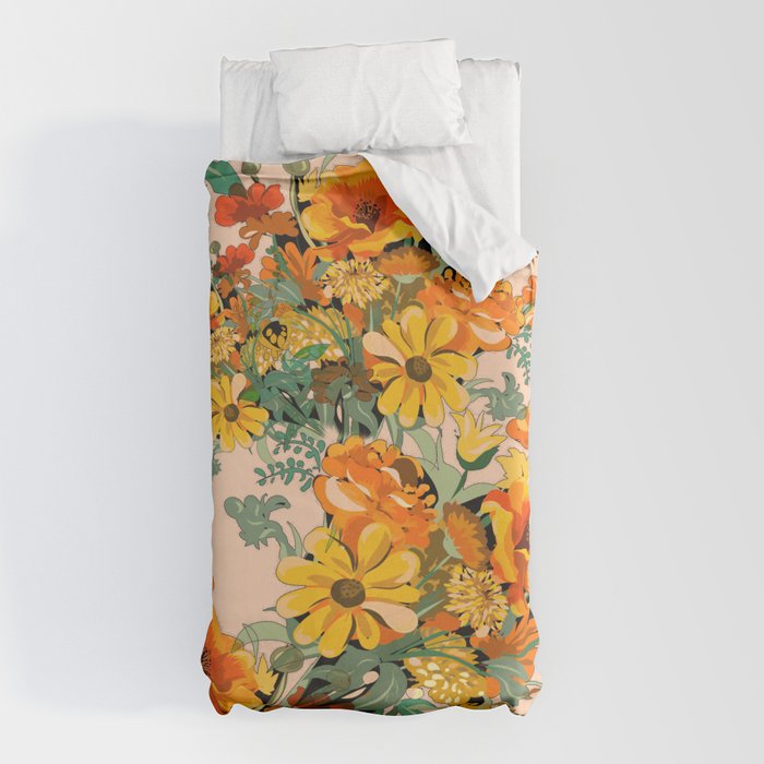70s Pastel Floral on pink blush Boho Duvet Cover