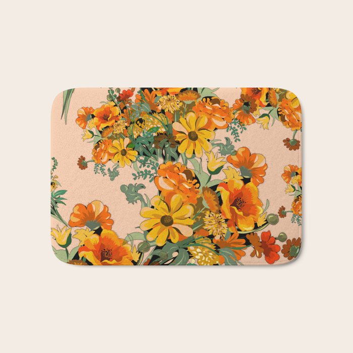 70s Pastel Floral on pink blush Boho Bath Mat