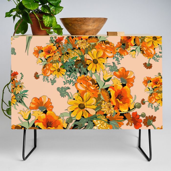 70s Pastel Floral on pink blush Boho Credenza