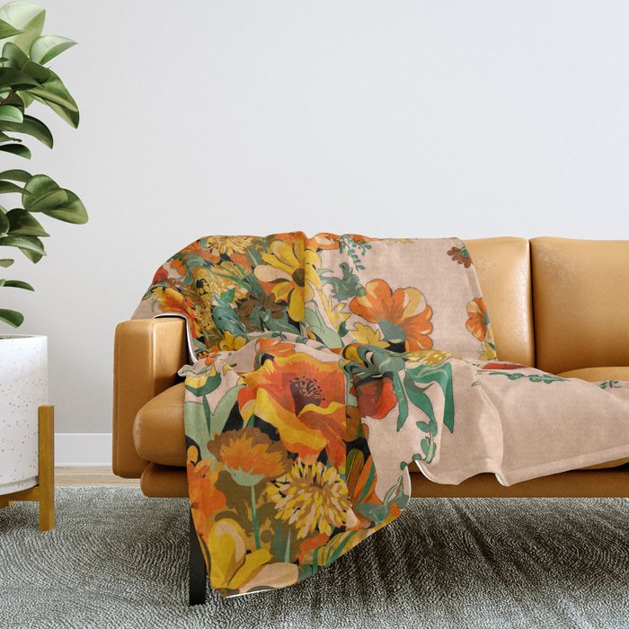 70s Pastel Floral on pink blush Boho Throw Blanket