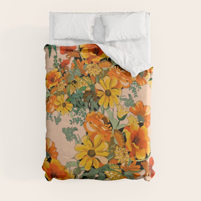 70s Pastel Floral on pink blush Boho Duvet Cover