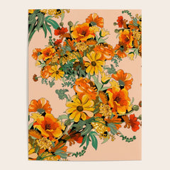 70s Pastel Floral on pink blush Boho Poster